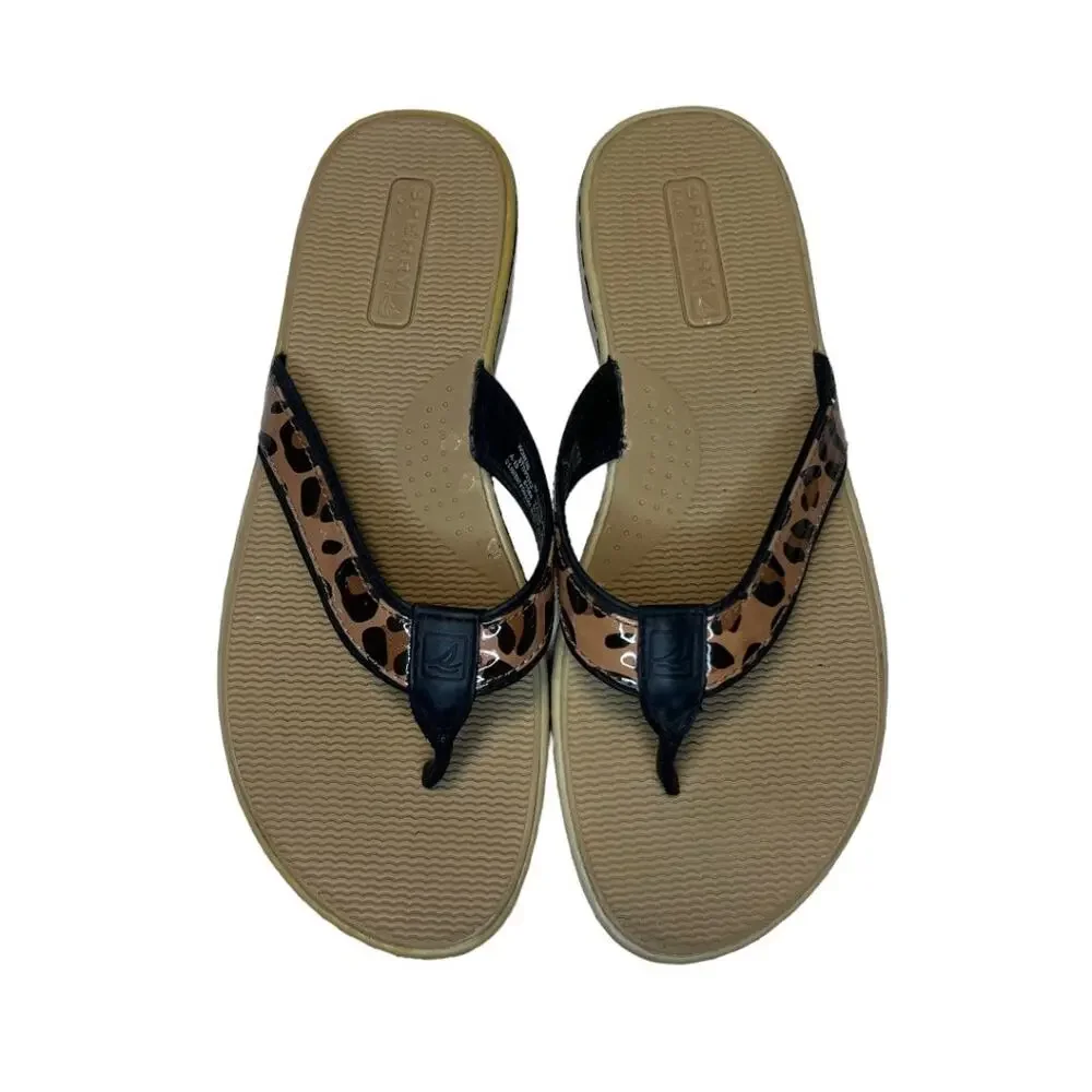 Sperry Top Sider Leather Flip Flop Sandals Tan Black Leopard Print Size 8m Comfy